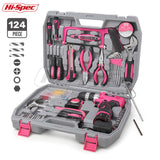 Hi-Spec 60 Pieces Pink Hand Tool Set Kit 12V Electric Screwdriver Li-ion Battery Gril Lady Women Household Power Tool Set