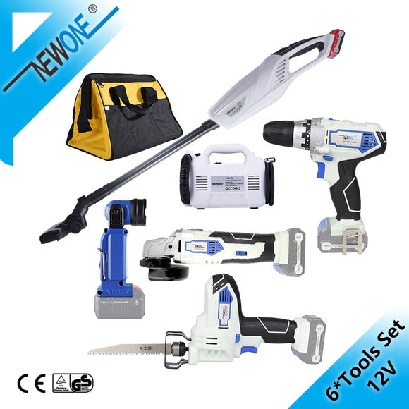 NEWONE/Keinso 12V 6-Tool Lithium Cordless Combo Kit,  Angle Grinder Electric Drill LED Light Vacuum Cleaner Electric Saw