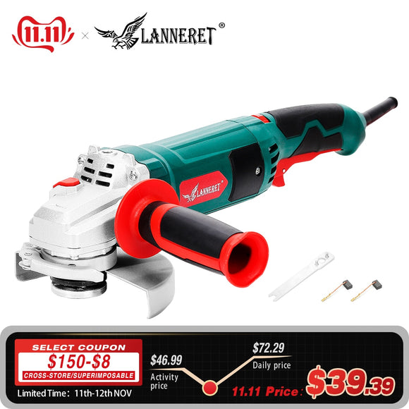 LANNERET Electric Angle Grinder 1050W 125mm Variable Speed 3000-10500RPM Toolless Guard for Cutting Grinding Metal or Stone Work