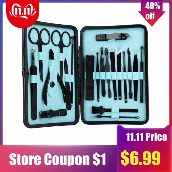 1 Set Black Stainless Steel Nail Clipper Cutter Trimmer Scissor Tweezer Knife Ear Pick Grooming Kit Manicure Pedicure Toe Tools