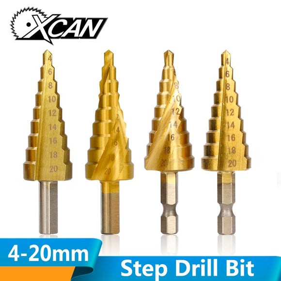 XCAN 1pc 4-20mm HSS Titanium Coated Step Drill Bit Drilling Core Drill Bit Power Tool for Metal Wood Hole Cutter