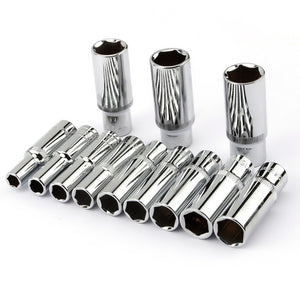 CRV 12pcs 3/8”Inch Driver Deep Long Sockets Set 65mm Length 10mm Square Hole 8 9 10 11 12 13 14 15 16 17 18 19mm