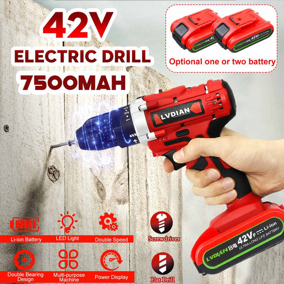 42V Electric Drill Electric Cordless Impact Drill Double Speed 50Nm Screwdriver 25+1 Torque Power LED Light 2 Battery Polisher