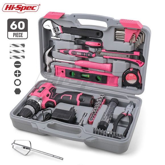 Hi-Spec 60 Pieces Pink Hand Tool Set Kit 12V Electric Screwdriver Li-ion Battery Gril Lady Women Household Power Tool Set