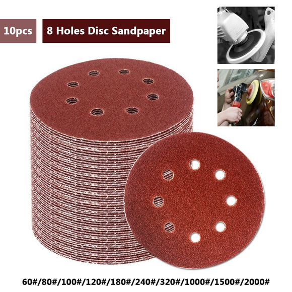 10pcs 5 Inch 125mm Round Sandpaper Eight Hole Disk Sand Sheets Grit 60-2000 Hook and Loop Sanding Disc Polish