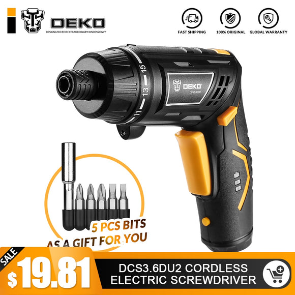 DEKO DCS3.6DU2-S1 Cordless Electric Screwdriver Rechargeable Power Screwdriver Household DIY Twistable Handle Wireless LEDTorch